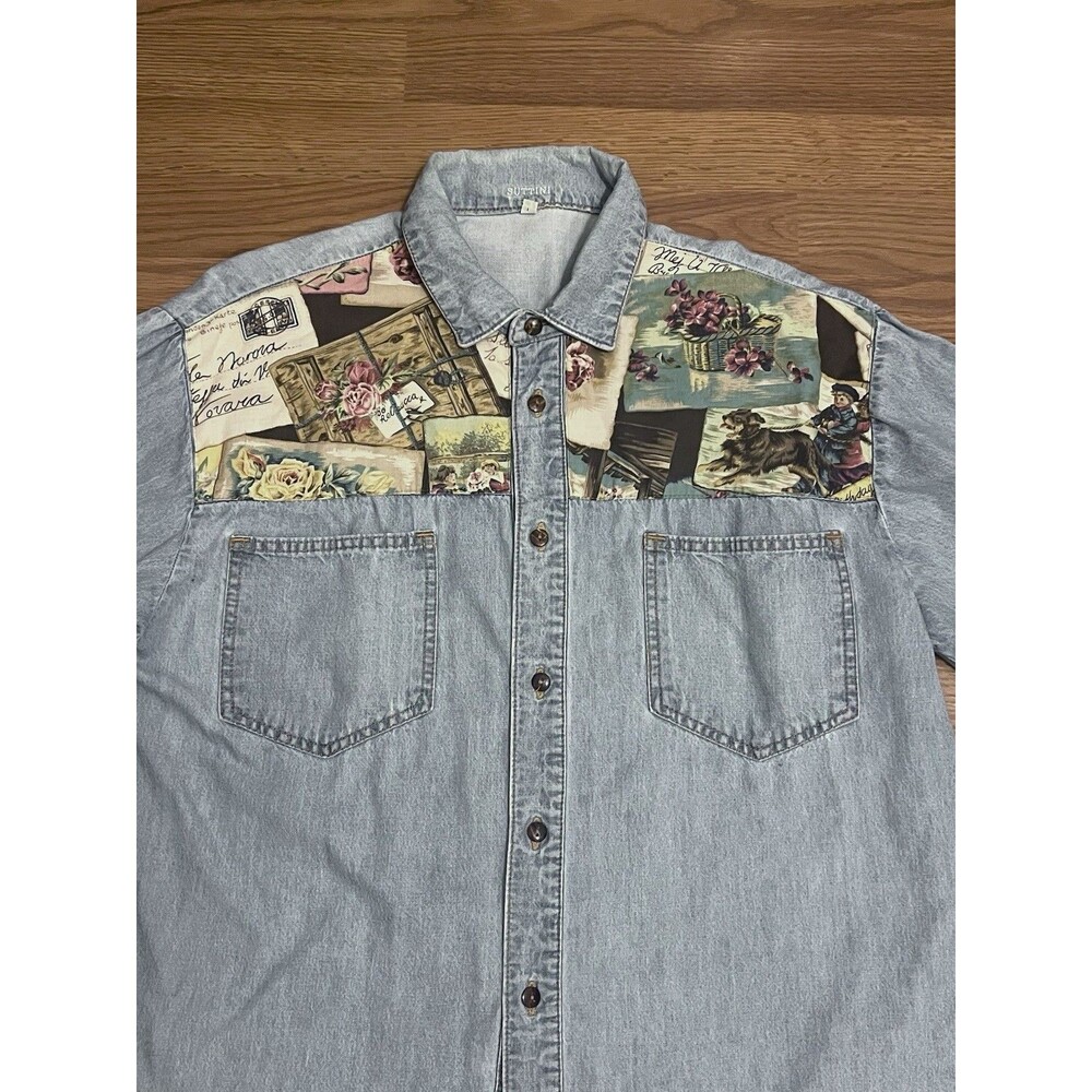 Vtg 90s SUTTINI Blue Denim Patchwork Shirt South Africa Button Up Long Sleeve L - Picture 3 of 11